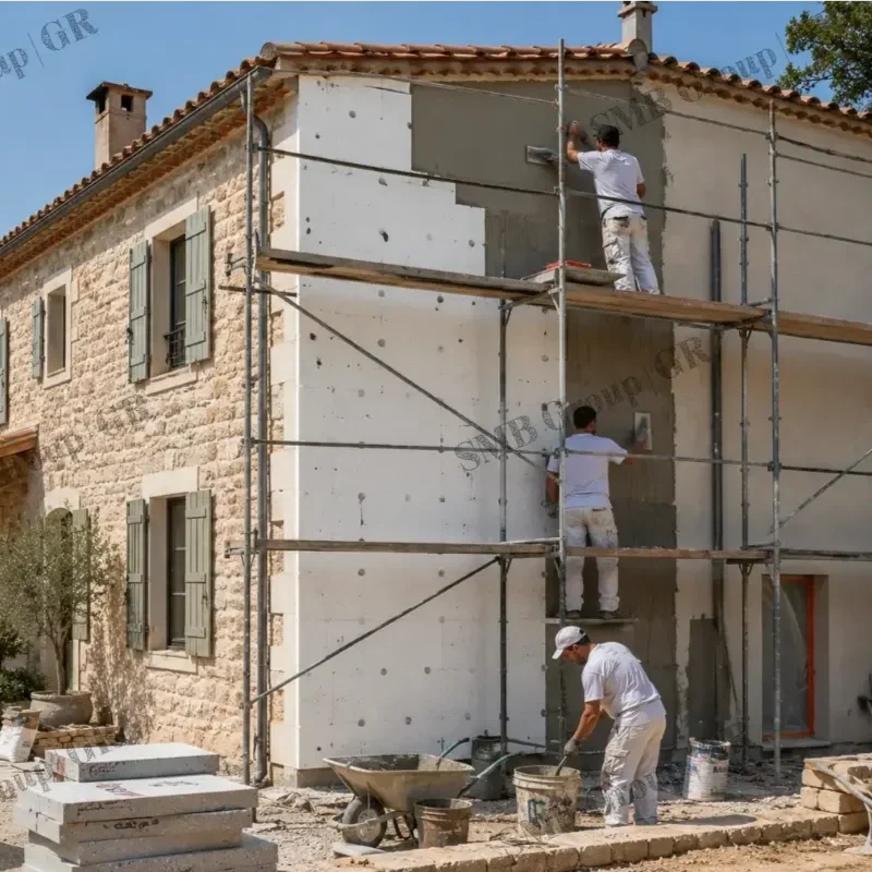 Construction workers applying finishing touches to the exterior wall of a building on scaffolding.