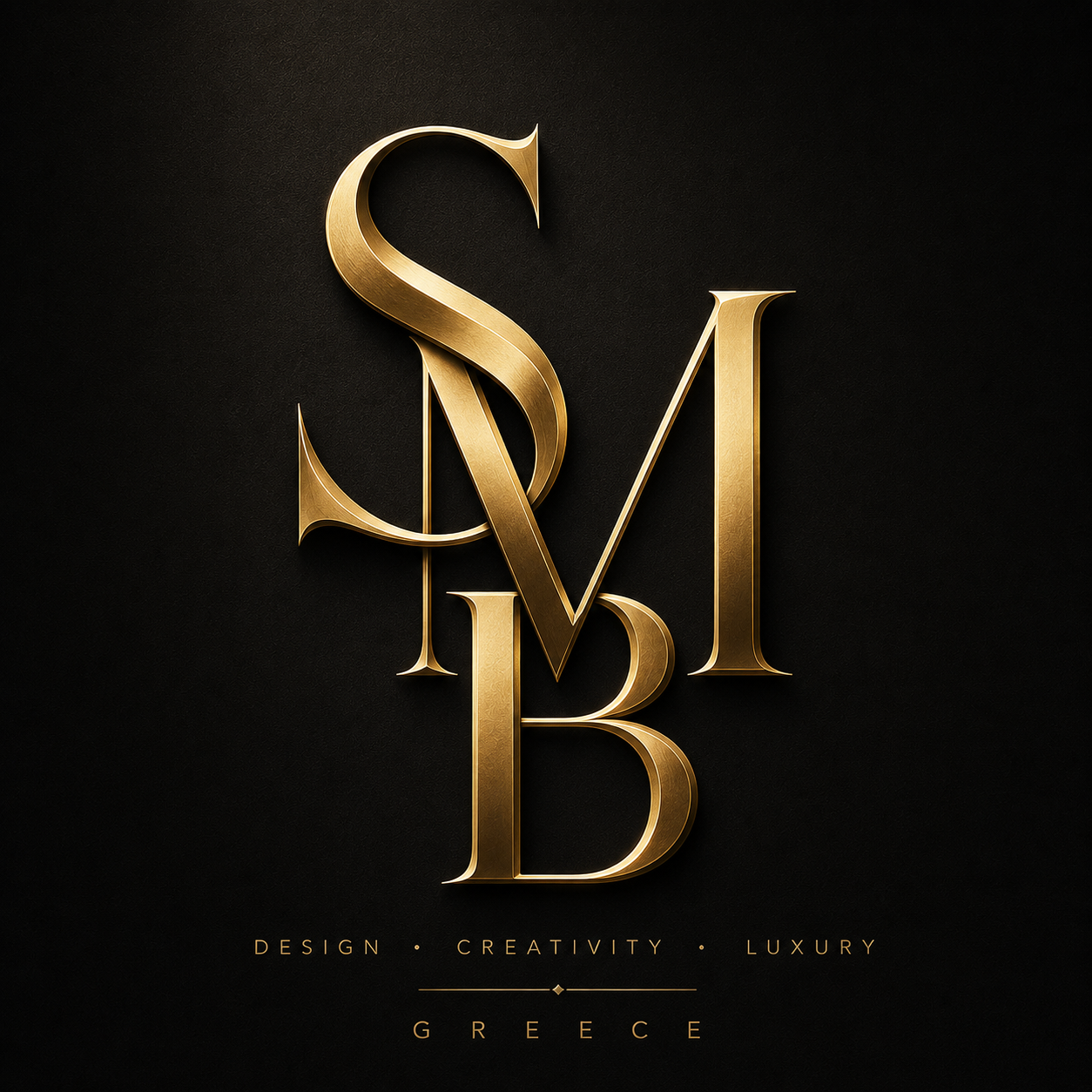 Gold monogram logo with the letters S, M, B on a black background, with the words "Design, Creativity, Luxury" and "Greece" underneath.