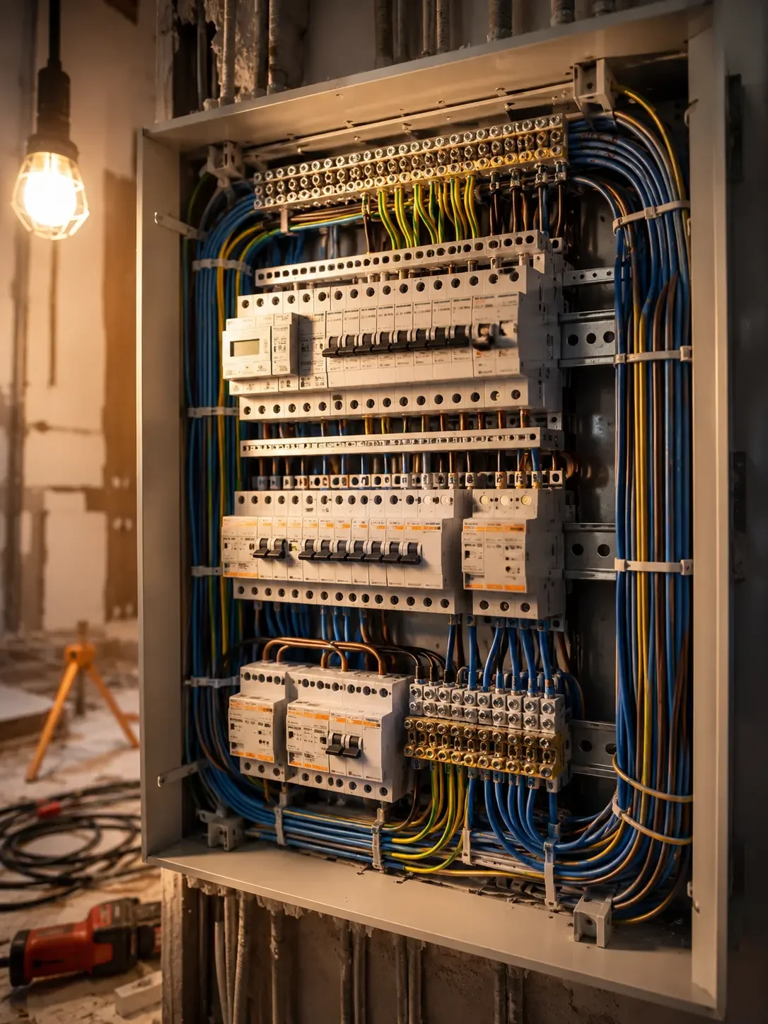Electrical panel with various circuit breakers and colored wires in an industrial setting.