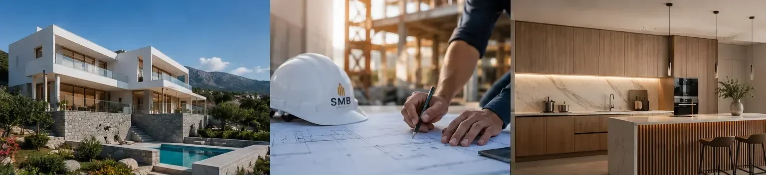 A collage featuring an exterior view of a modern house with a swimming pool, a construction site with a person signing blueprints and a hard hat, and a contemporary kitchen with wooden cabinets and a marble backsplash.