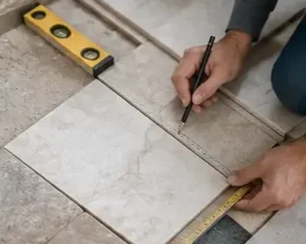 Hands measuring and marking a tile with a pencil and ruler on a tiled floor.
