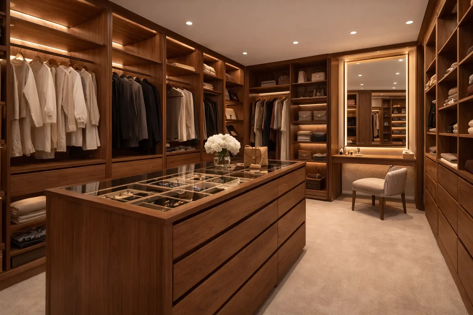 Luxurious walk-in closet with wooden shelves, hanging clothes, a glass-topped jewelry display, a mirror framed with lights, a chair, and a vase of white flowers.