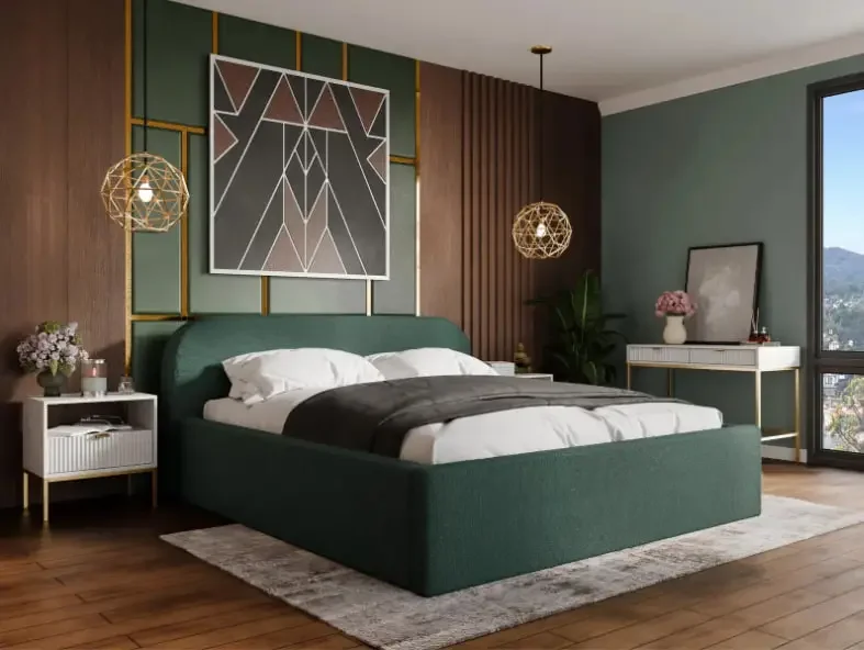 Modern bedroom with green upholstered bed, geometric art above headboard, wooden accent wall, pendant lights, side table with flowers, mirror, and window showing cityscape view.