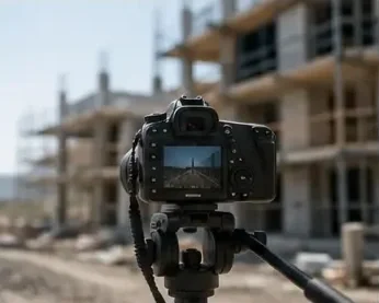 Camera mounted on a tripod at a construction site with buildings under development in the background.