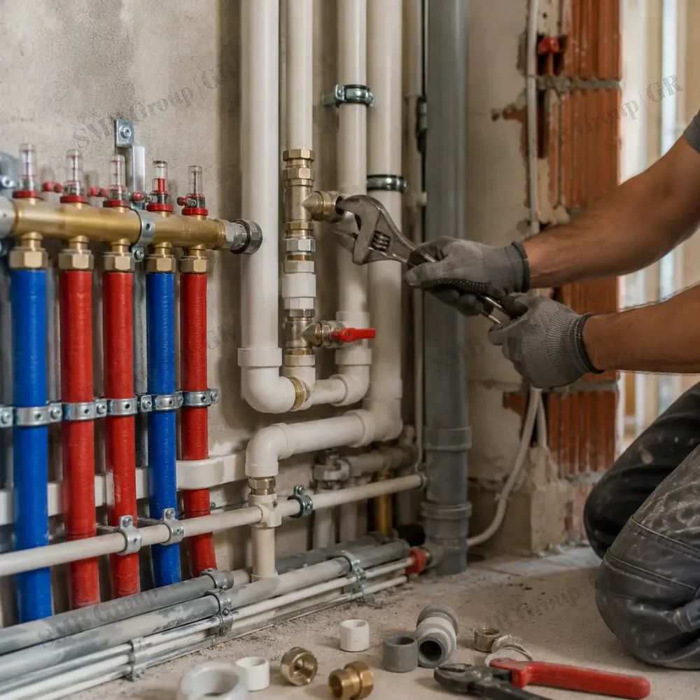 A person wearing gloves is working on plumbing pipes with a wrench inside a building under construction or renovation.
