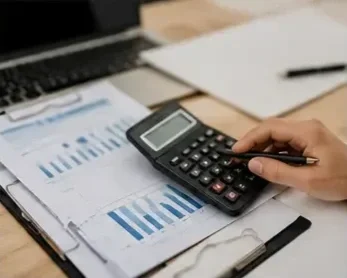 Person using calculator on financial documents and laptop.