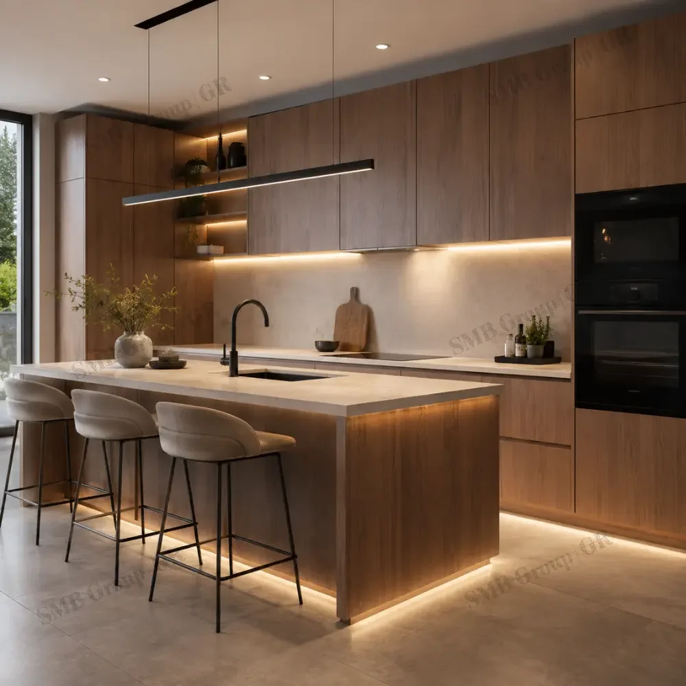Modern kitchen with wooden cabinets, an island with bar stools, and under-cabinet LED lighting