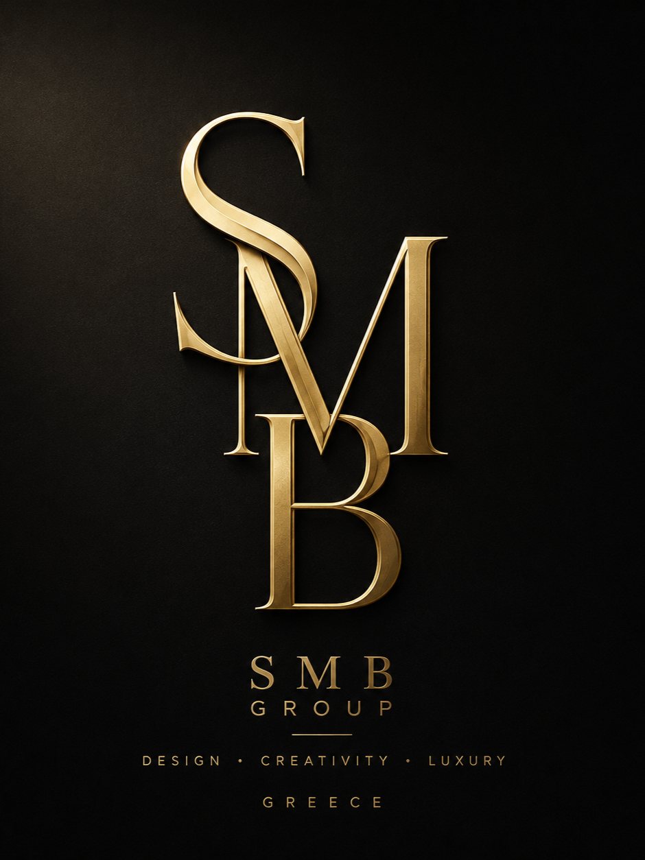 Gold logo with the overlapping letters S, M,  B on a black background, with text below reading 'SMB Group, Design, Creativity, Luxury, Greece'.