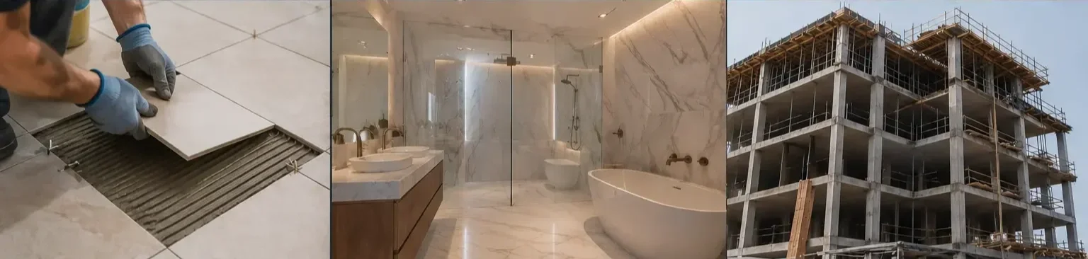 Three images showing different stages of construction and interior design. The first image shows a worker installing floor tiles, the second image shows a finished modern bathroom with marble walls and a bathtub, and the third image shows a multi-story building under construction with scaffolding.