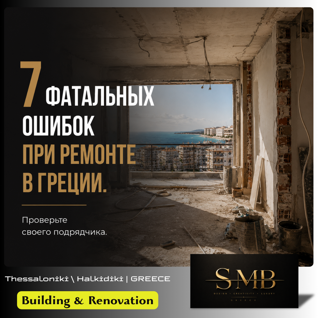 Under-construction room with view of buildings and sea in Greece, with text in Russian about repair mistakes and a logo for SMB design and renovation company.