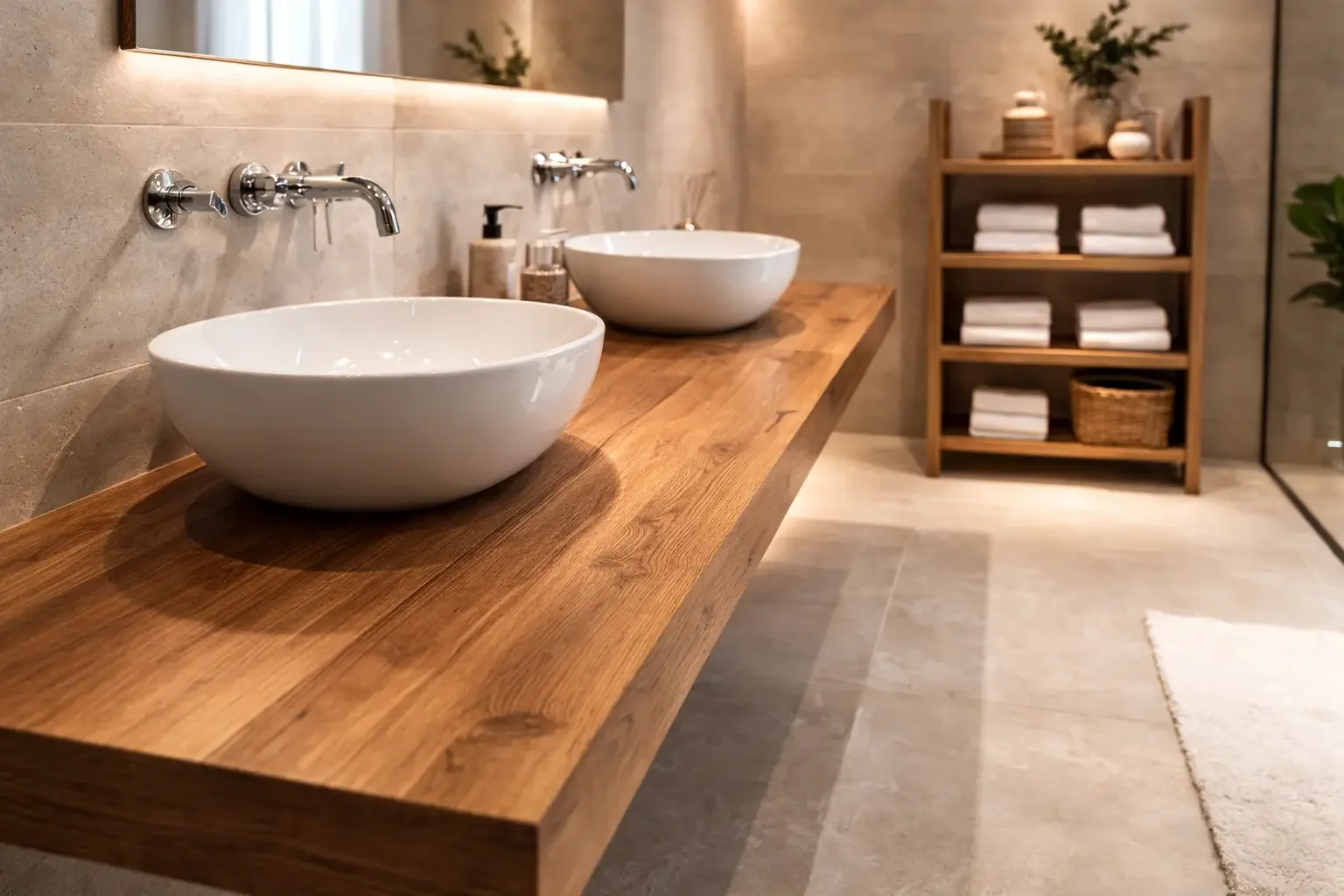 Modern bathroom with two white vessel sinks on a wooden countertop, mirror above, beige tiled walls, and a wooden shelf with towels and decorative items in the background.