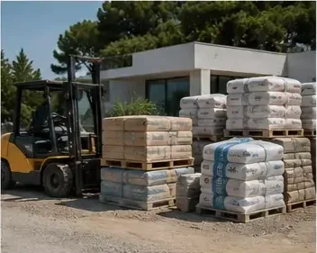 A forklift moving pallets of construction materials outdoors near a modern building, with trees in the background.
