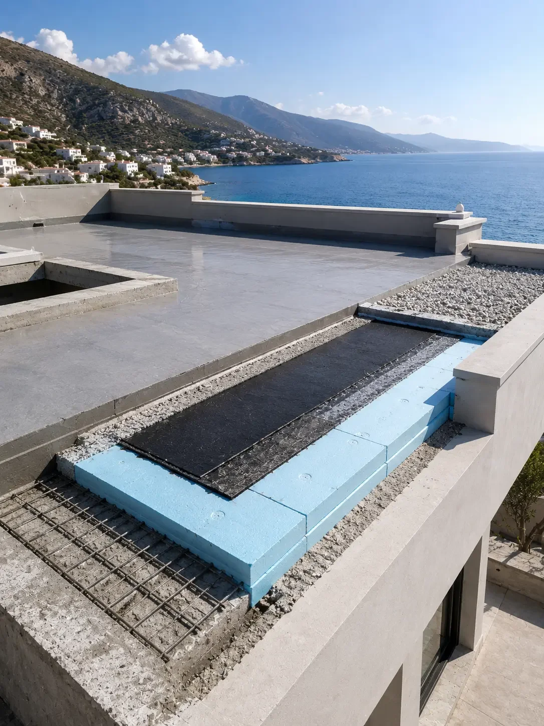A rooftop under construction with insulation and waterproofing materials, overlooking a coastal landscape with hills and houses by the sea under a partly cloudy sky.