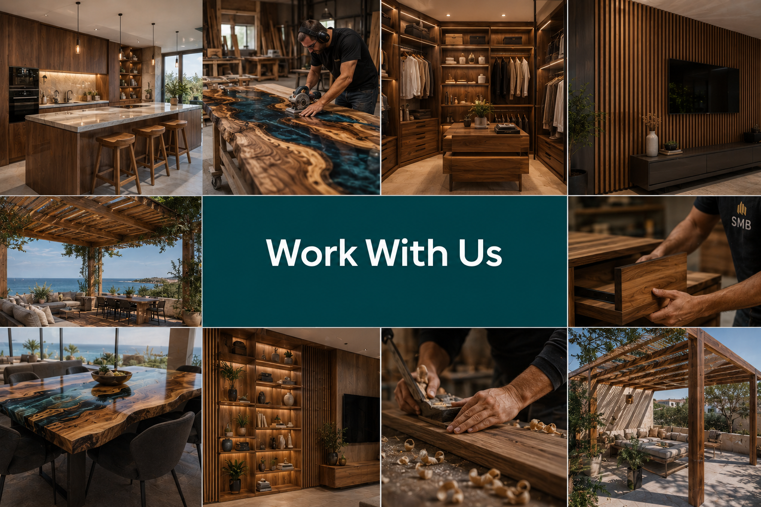 A collage of images showcasing woodworking and interior design featuring a kitchen with wooden cabinets, a worker cutting a wooden slab, a walk-in closet with wooden shelves, a living room with TV and wooden panels, an outdoor patio with sea view and wooden pergola, and carpentry work with a person assembling furniture.
