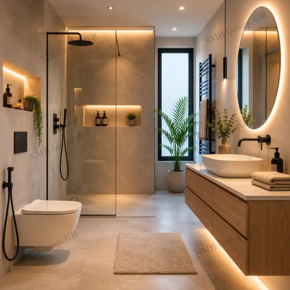 Modern bathroom with neutral-colored tiles, a walk-in shower with glass doors and built-in shelving, a wall-mounted toilet, a wooden vanity with a vessel sink, a large round backlit mirror, black fixtures, a black towel radiator, a window, potted plants, and soft lighting.