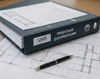 Closed black binder labeled in Cyrillic and English 'Project Documentation' with architectural blueprints inside and a black pen on a wooden surface.