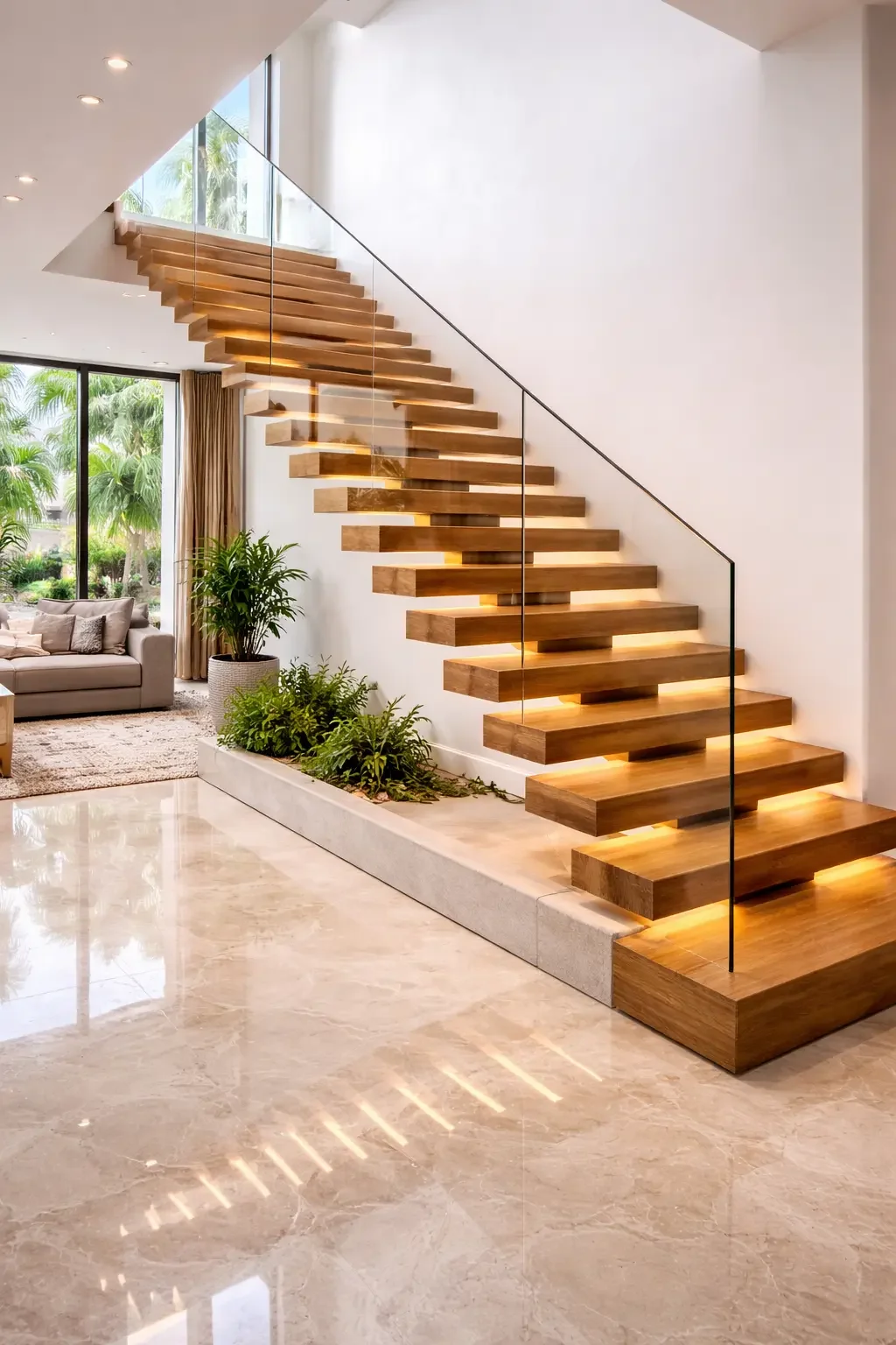 Modern indoor staircase with wooden steps, glass railing, and hidden lighting, next to a living area with a sofa, plants, and large windows showing greenery outside.