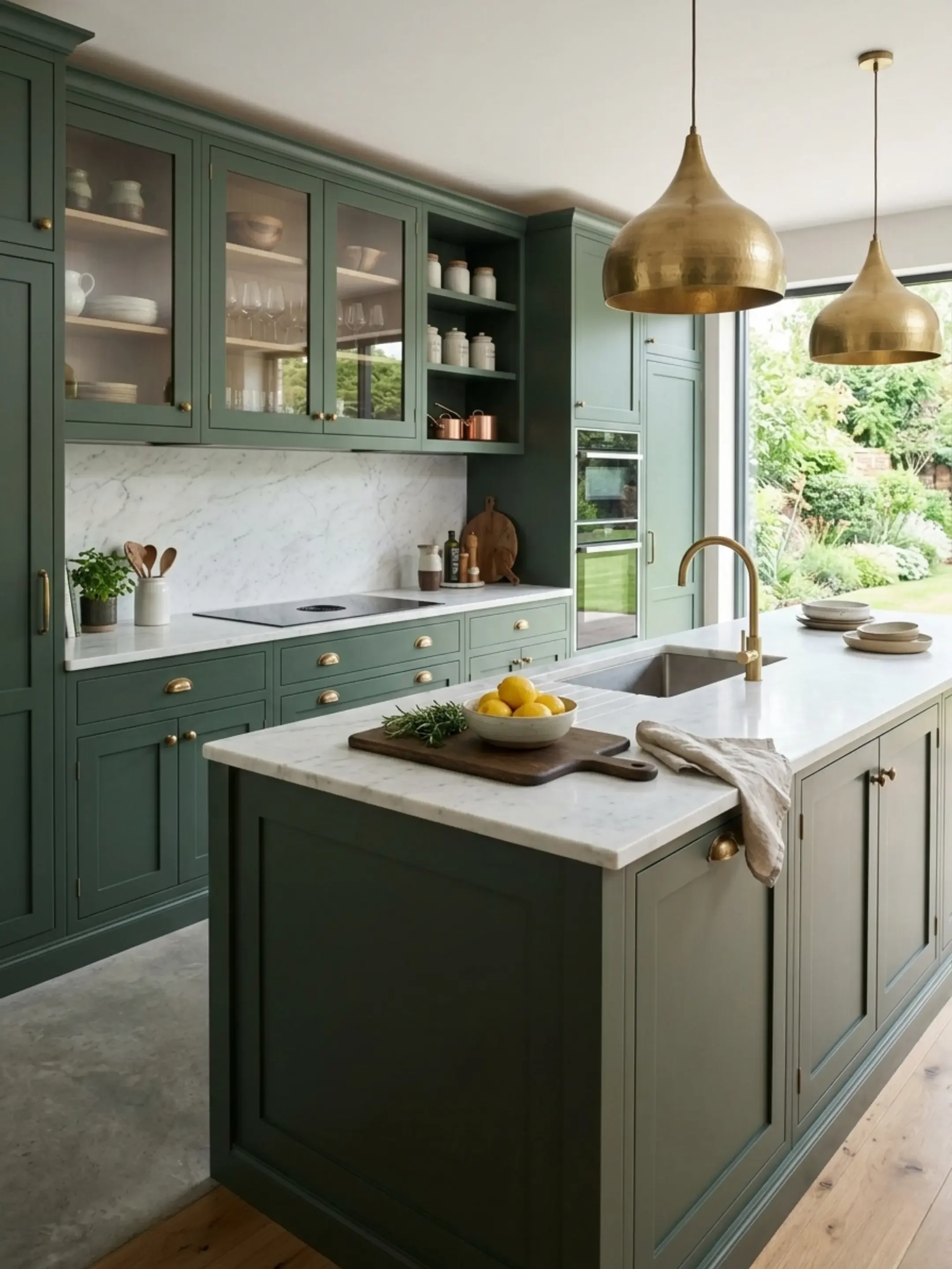 Modern kitchen with green cabinetry, white marble countertops, and gold hardware. There are pendant lights hanging from the ceiling and a large window overlooking a lush garden. Items on the counter include lemons in a bowl, a cutting board, and some plants.