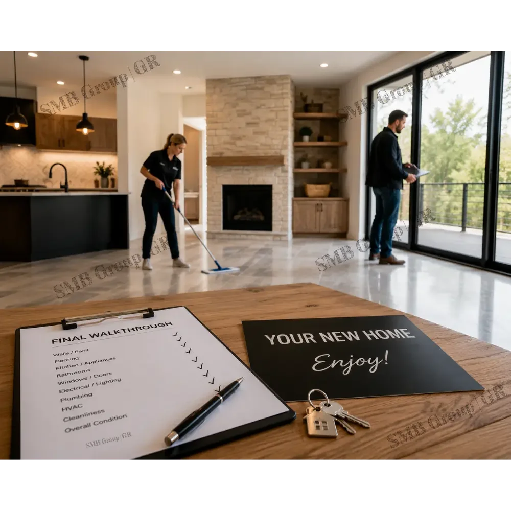 A living room with two people, one sweeping the floor and another using a tablet near large sliding glass doors leading to a balcony. Foreground shows a clipboard with a final walkthrough list and a keychain with keys and a house-shaped key, alongside a black sign reading 'Your New Home Enjoy!'.