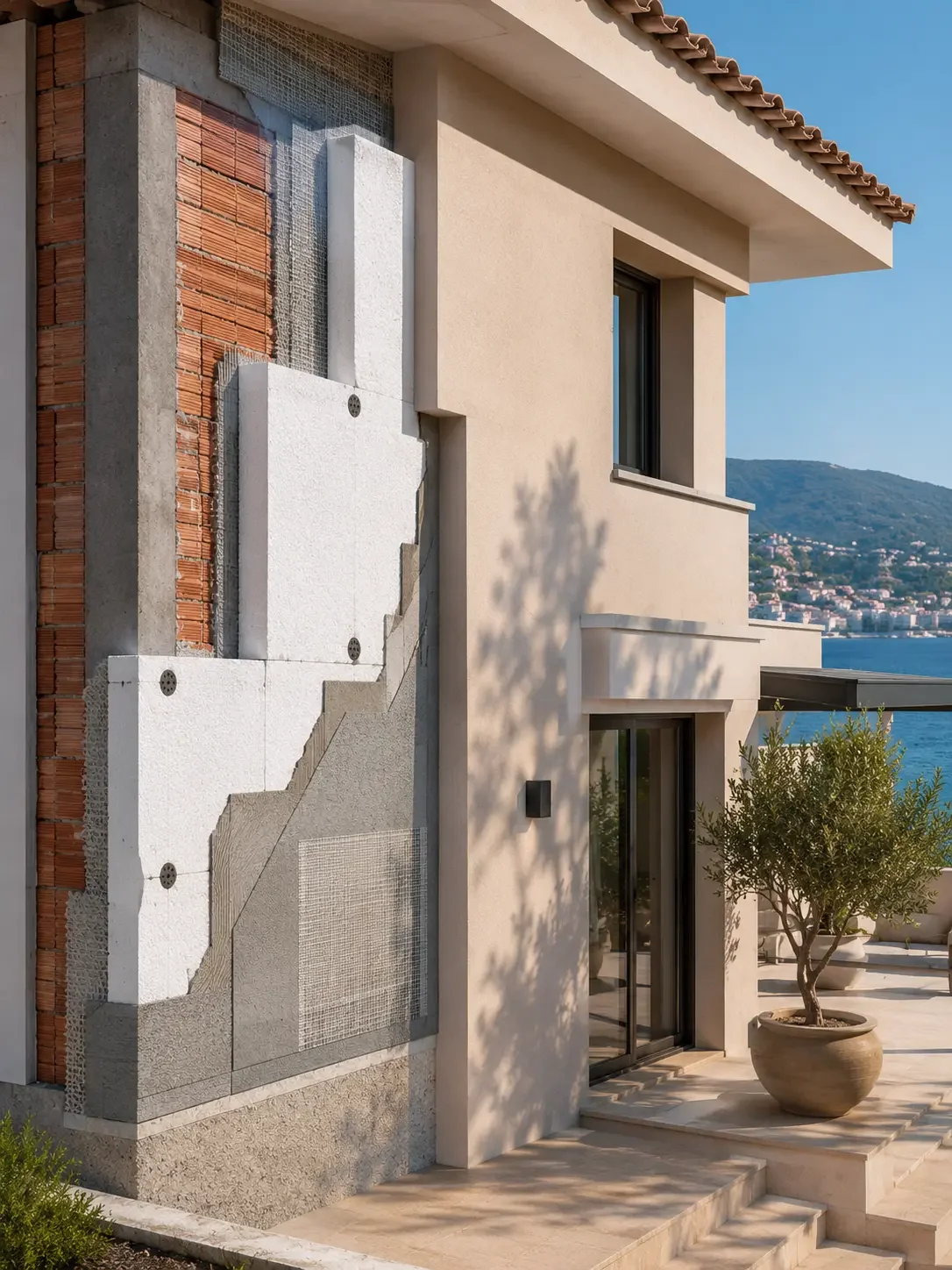 Modern house with unfinished exterior wall, potted tree, sliding glass door, and a view of a mountainous landscape and water in the background.