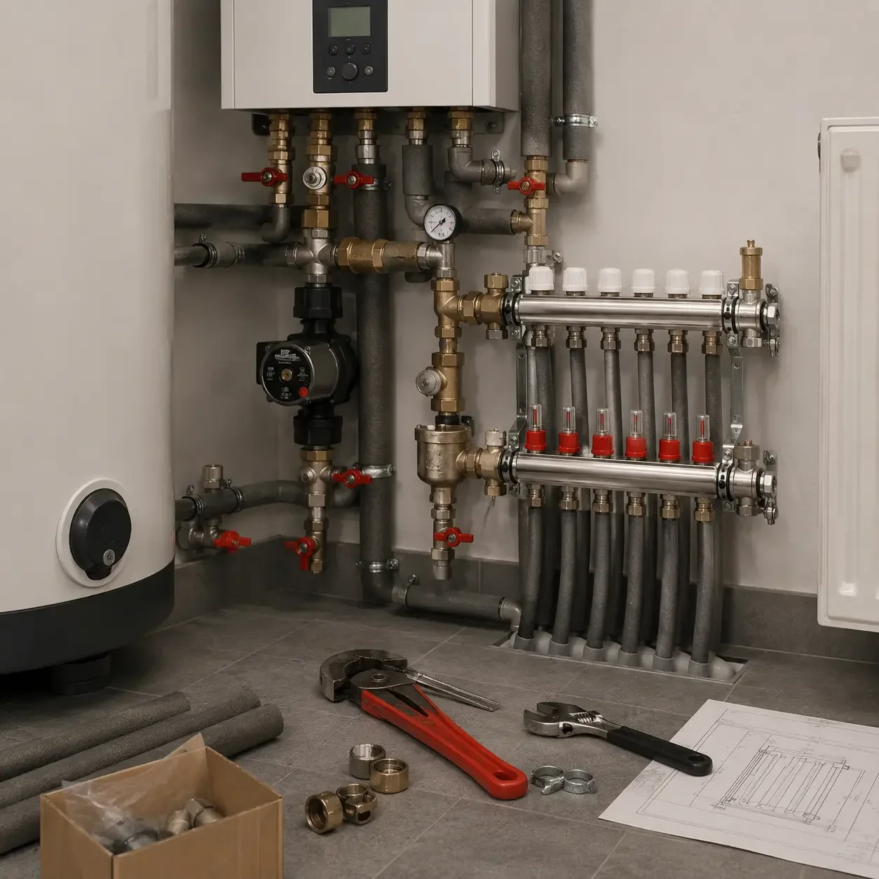 Indoor plumbing system with pipes, valves, and a control panel, with tools and parts on the floor.
