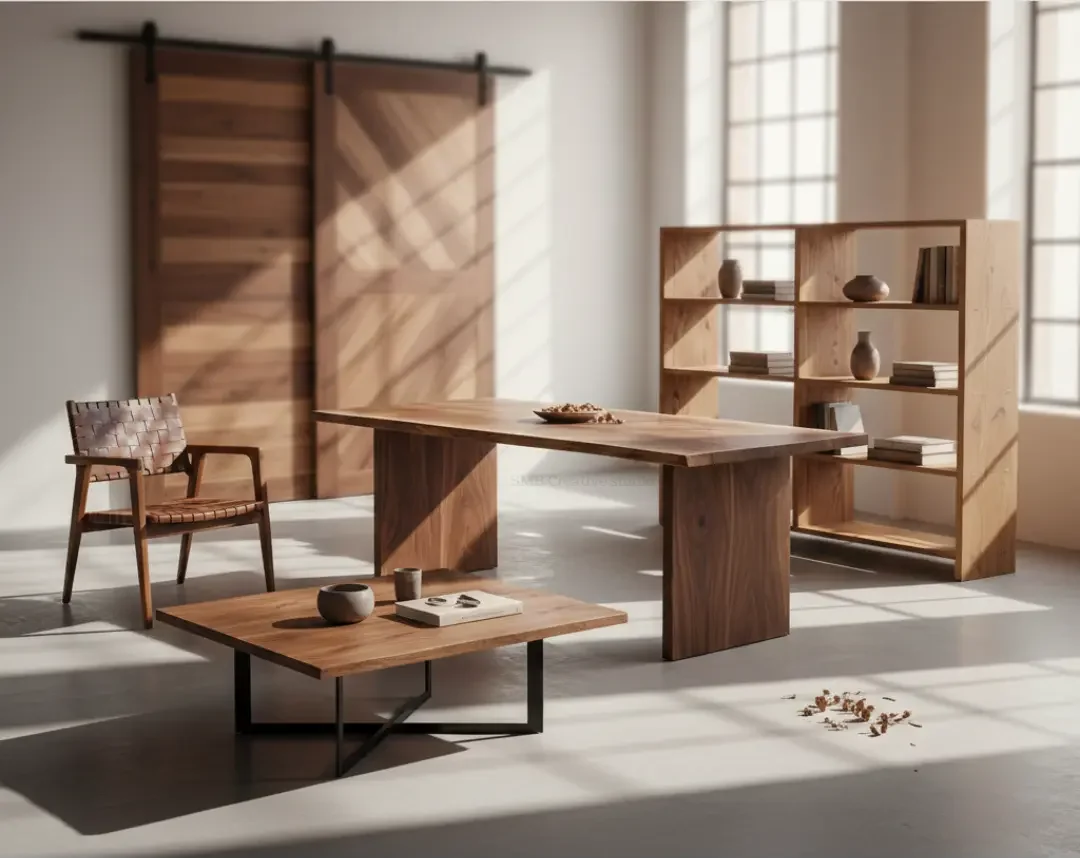 A room with wooden furniture including a large rectangular table, a low coffee table, a bookshelf with vases and books, and a wooden sliding door, with sunlight streaming through the windows.