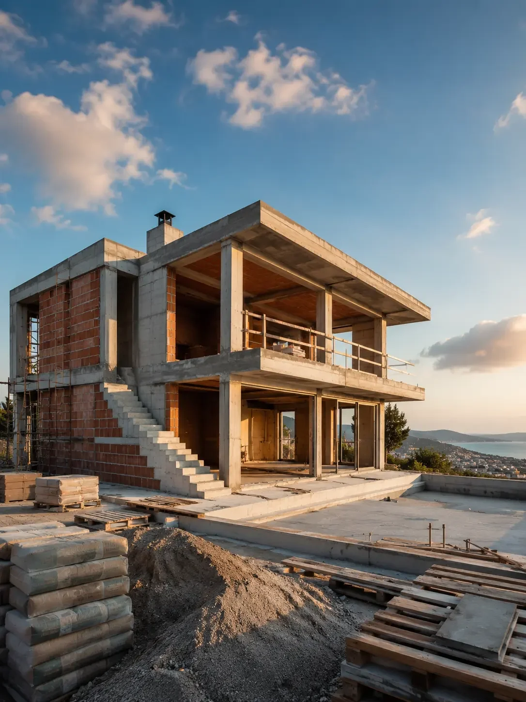 Under construction house with exposed concrete and red brick walls on a hill, overlooking a body of water and cityscape at sunset.