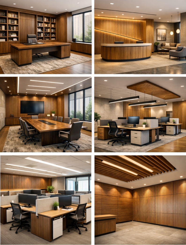 Collage of six modern office interiors featuring wood accents, conference rooms, reception area, and open workspace with desks and seating.