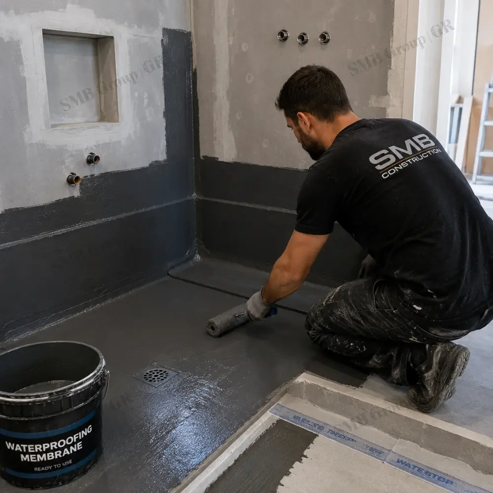 A worker kneels in a bathroom installing a waterproofing membrane on the floor and lower walls. The worker is wearing a black t-shirt with "SMB Construction" on the back and is using a roller brush to apply the waterproofing material. There are exposed pipes on the wall, and a bucket labeled "Waterproofing Membrane" is nearby.