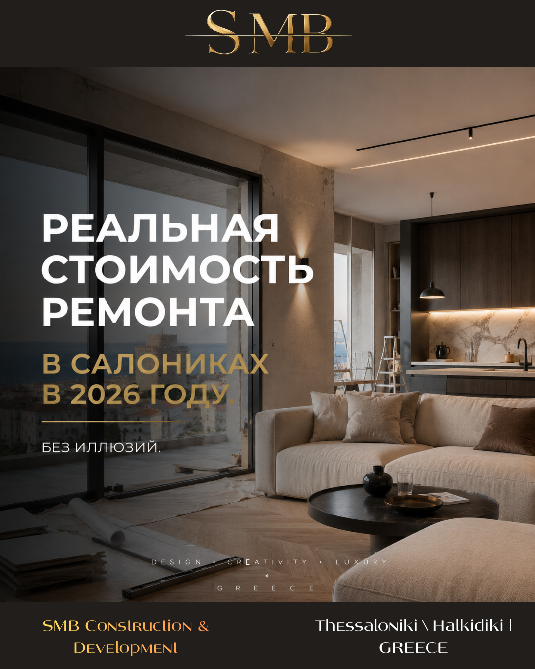 Modern living room with floor-to-ceiling windows, beige sofa, black round coffee table, and open kitchen area with marble backsplash, dark wood cabinets, and pendant lighting. Construction and design materials on the floor.