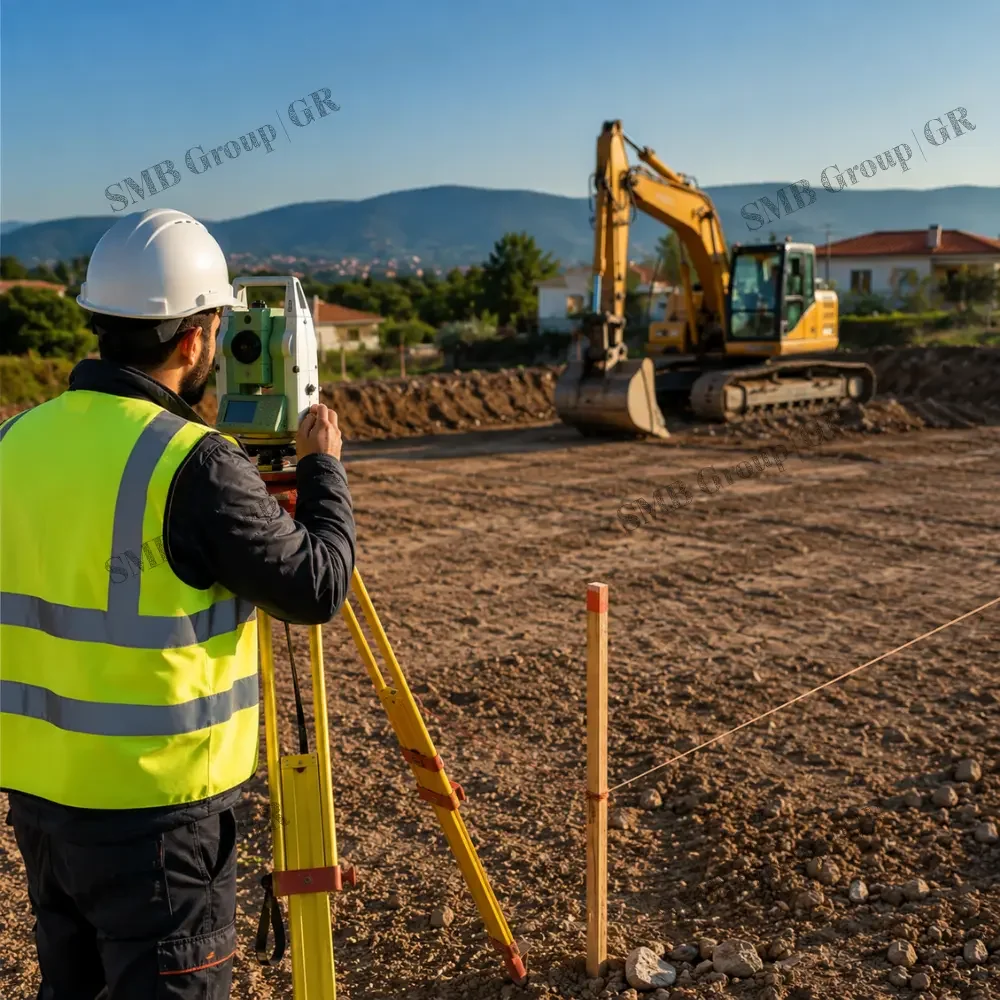 Construction worker using a total station survey instrument at a construction site with a yellow excavator and houses in the background.