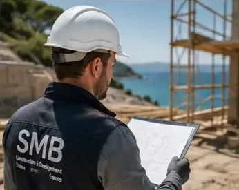 Construction worker wearing a hard hat and a jacket with 'SMB' on the back, using a tablet at a construction site near the coast.