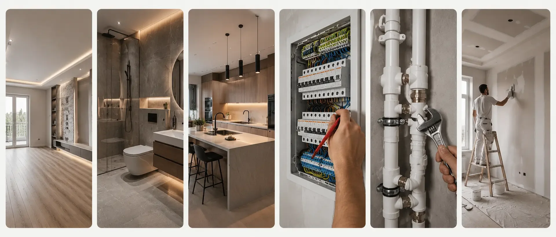 A collage of six images showing different stages of home renovation. The images include an empty living room with large windows and a balcony, a modern bathroom with marble walls and a toilet, a kitchen with a white island and black barstools, an electrician working on an electrical panel, close-up of plumbing pipes and a wrench, and a handyman painting a wall while standing on a ladder.