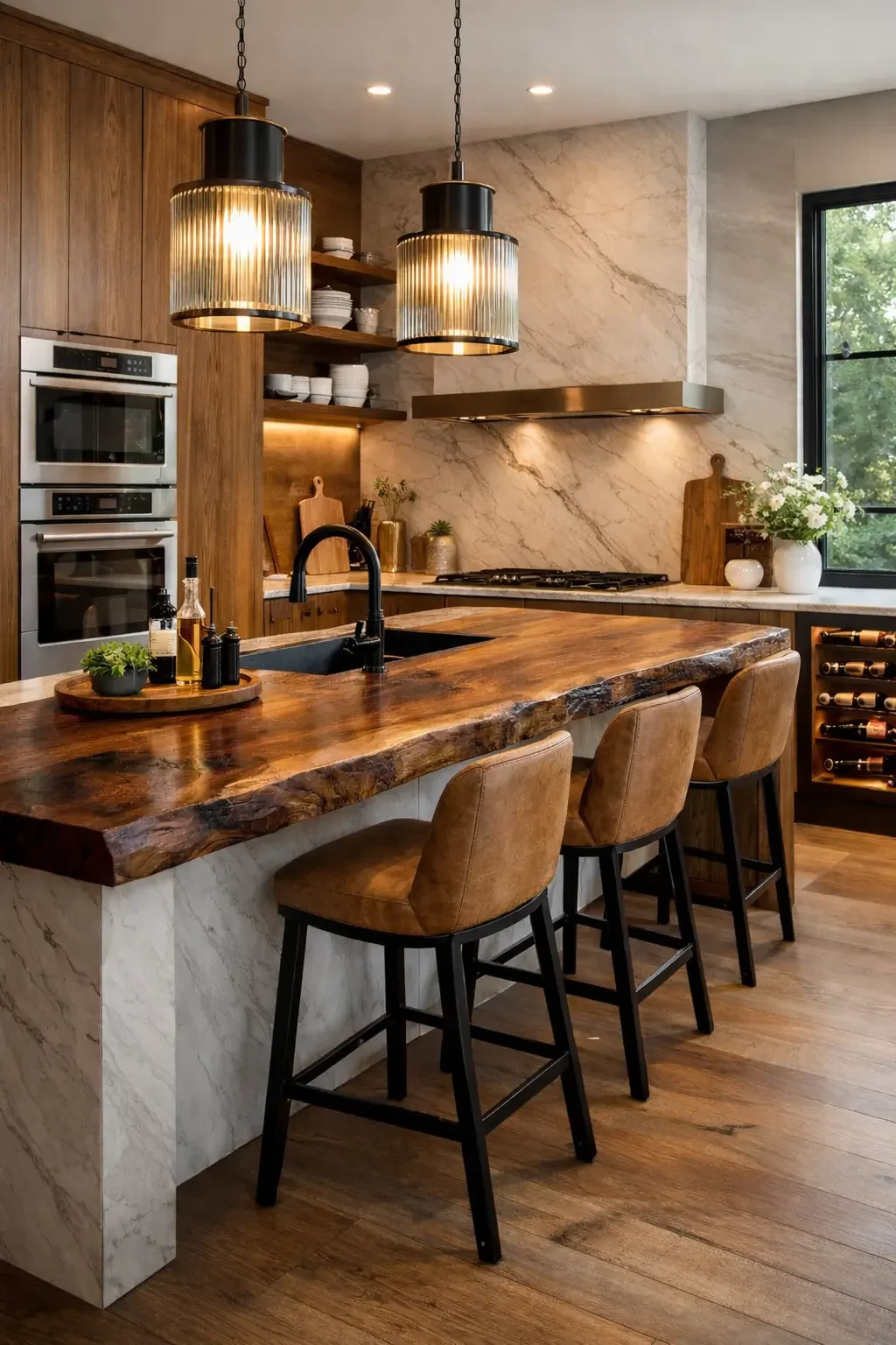 Modern kitchen with wooden island, leather bar stools, pendant lighting, marble backsplash, open shelves with dishes, wine storage, and window showing greenery outside.