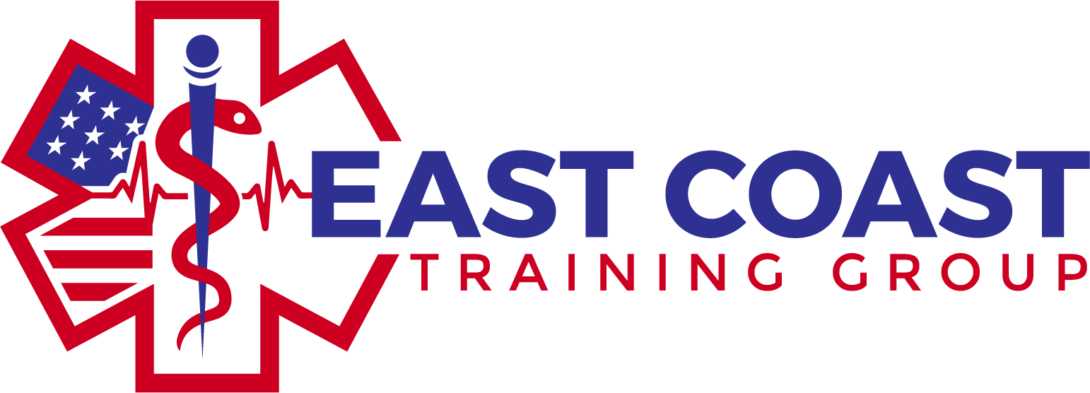 Logo for East Coast Training Group featuring a red and blue medical symbol with a caduceus, a star of life, and a heartbeat line.