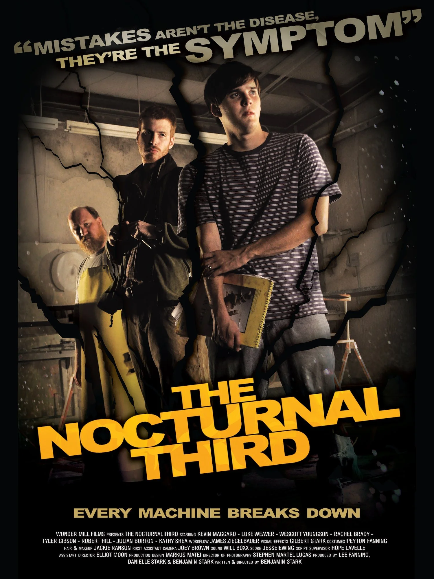 A poster for the movie 'The Nocturnal Third' featuring three young men standing in a dark factory with a quote at the top, large yellow text in the middle, and film credits at the bottom.