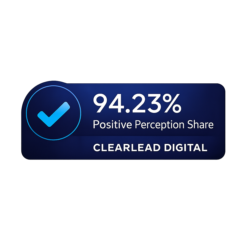 ClearLead Digital badge showing 94.23% Positive Perception Share with blue gradient checkmark icon on transparent background