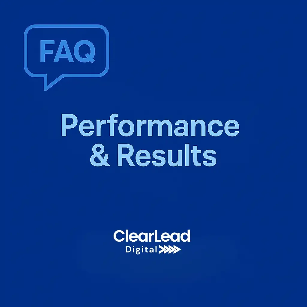 Blue digital cover page with FAQ icon and the text 'Performance & Results' and 'ClearLead Digital' branding.