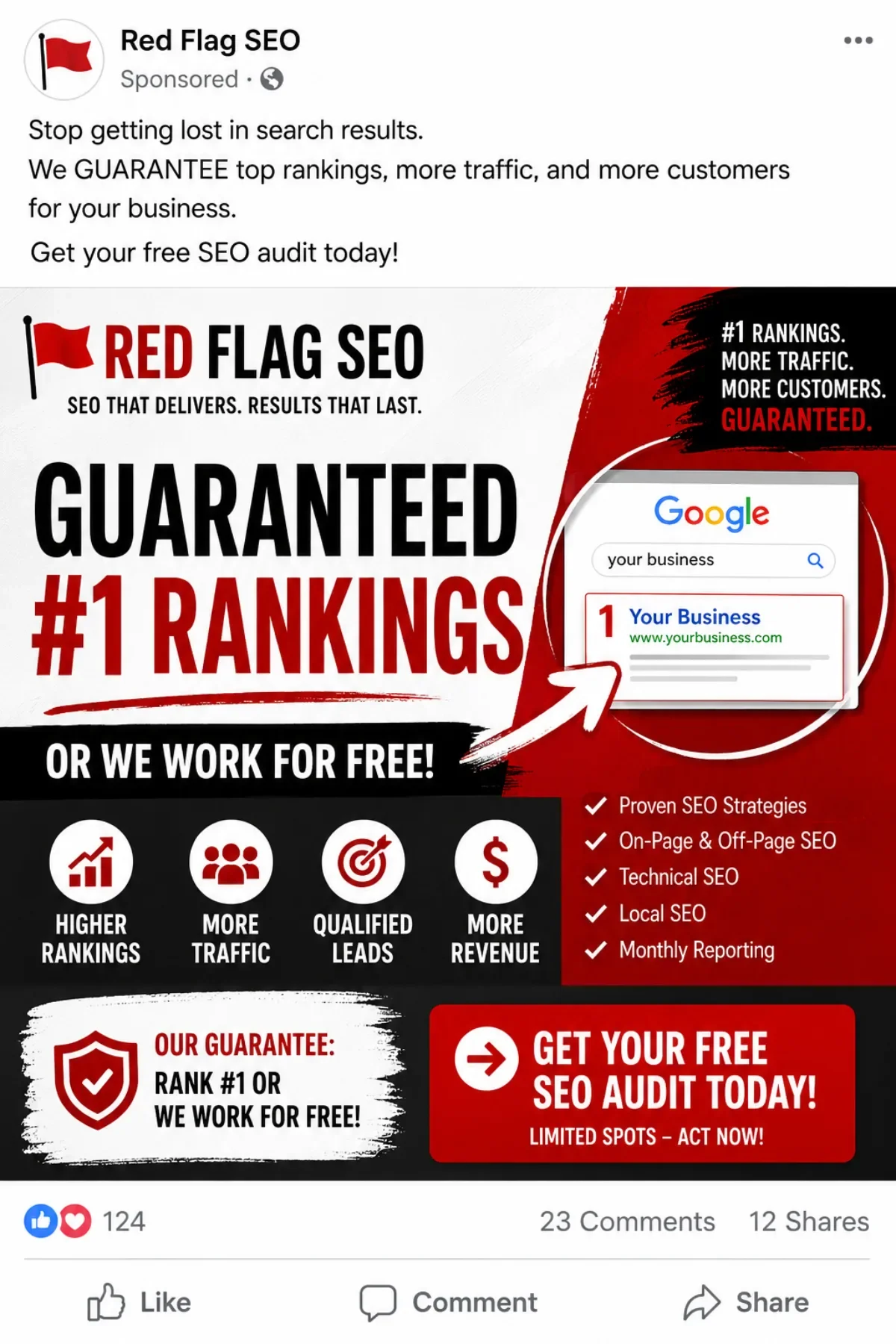 A social media advertisement mockup for 'Red Flag SEO' promising guaranteed number one Google rankings or they work for free, illustrating common industry red flags.