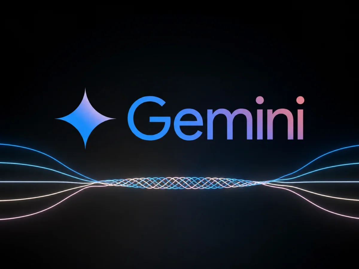 Google Gemini AI logo with a gradient star and neon light waves on a black background.