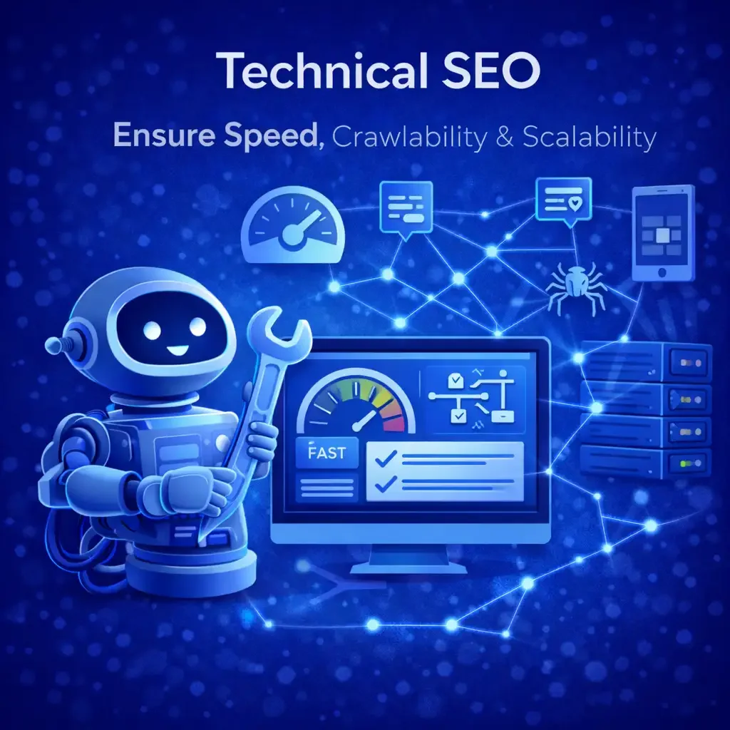 A digital illustration with a robot holding a wrench, a computer monitor displaying a speed test, and interconnected icons representing data, security, and technology. Text reads 'Technical SEO: Ensure Speed, Crawlability & Scalability'.