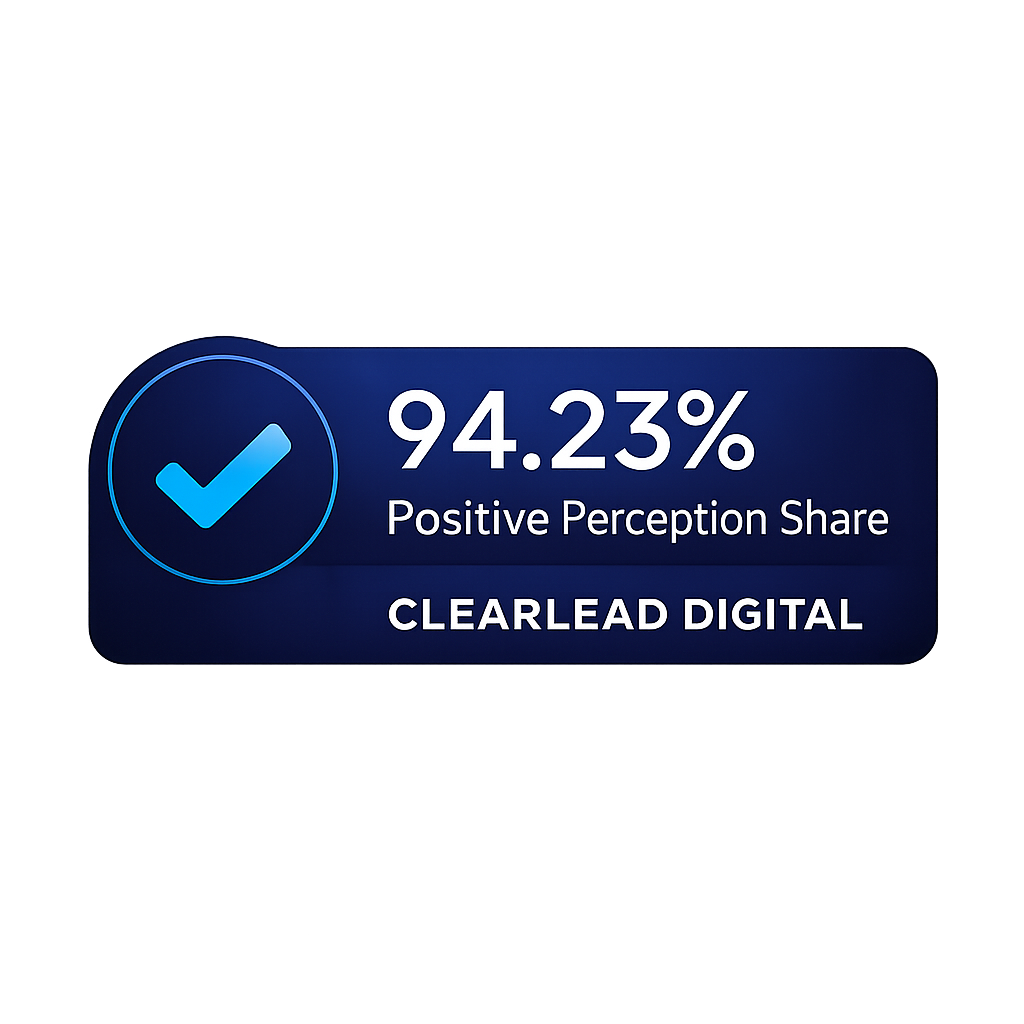 ClearLead Digital badge showing 94.23% Positive Perception Share with blue gradient checkmark icon on transparent background