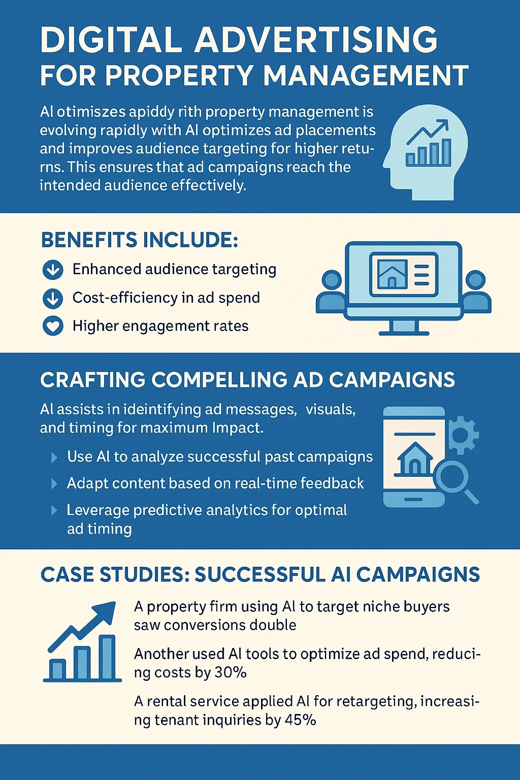 Infographic by ClearLead Digital explaining digital advertising for property management with AI, highlighting benefits such as enhanced targeting, cost efficiency, and higher engagement rates, along with case studies of successful AI ad campaigns.