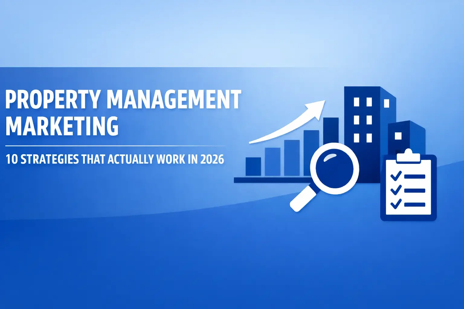 Modern blue header with icons for property marketing strategies like analytics, listings, and SEO.