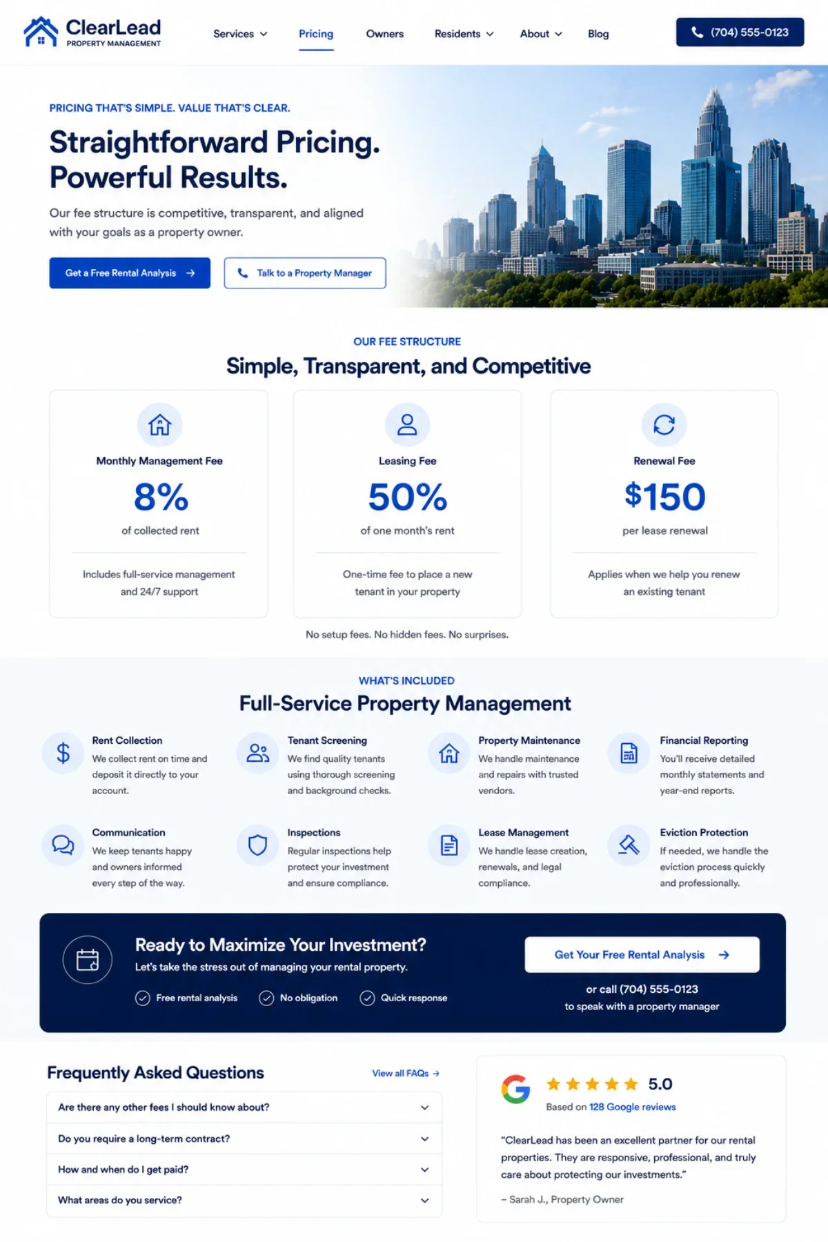 Pricing page showing fee structure, what's included, and a clear next step.