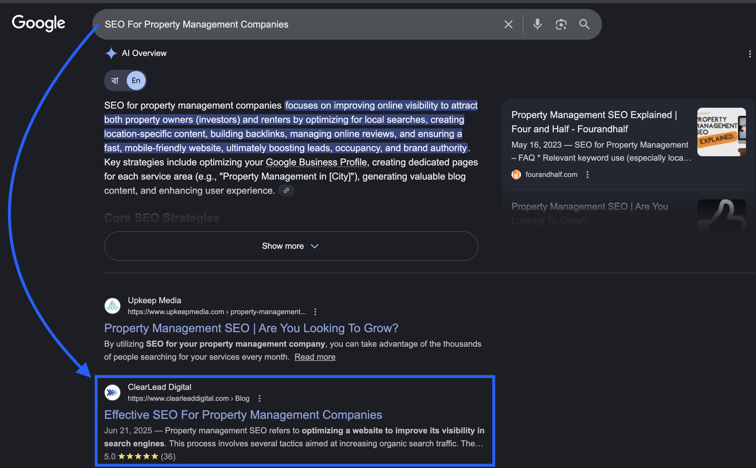 Google search results page for 'SEO for Property Management Companies,' showing a highlighted search result titled 'Effective SEO For Property Management Companies' from clearleaddigital.com dated June 21, 2025, with a 5-star rating.