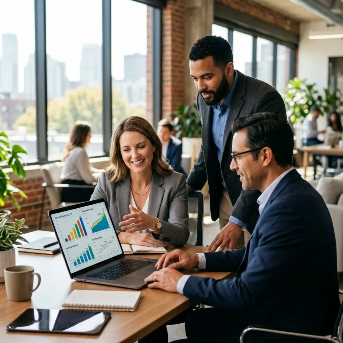 Three property managers collaborating over a property management marketing plan on a laptop in a bright office.