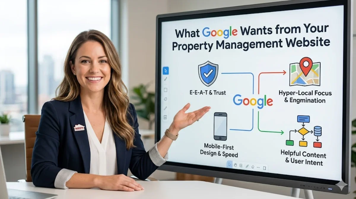 A woman pointing to a screen showing Google SEO factors for property management website designs including E-E-A-T, mobile-first design, local focus, and helpful content.