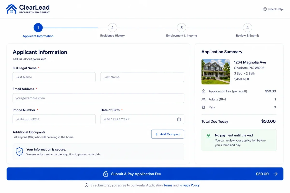 Online application: clean 4-step flow ending with 'Submit & Pay Application Fee.'