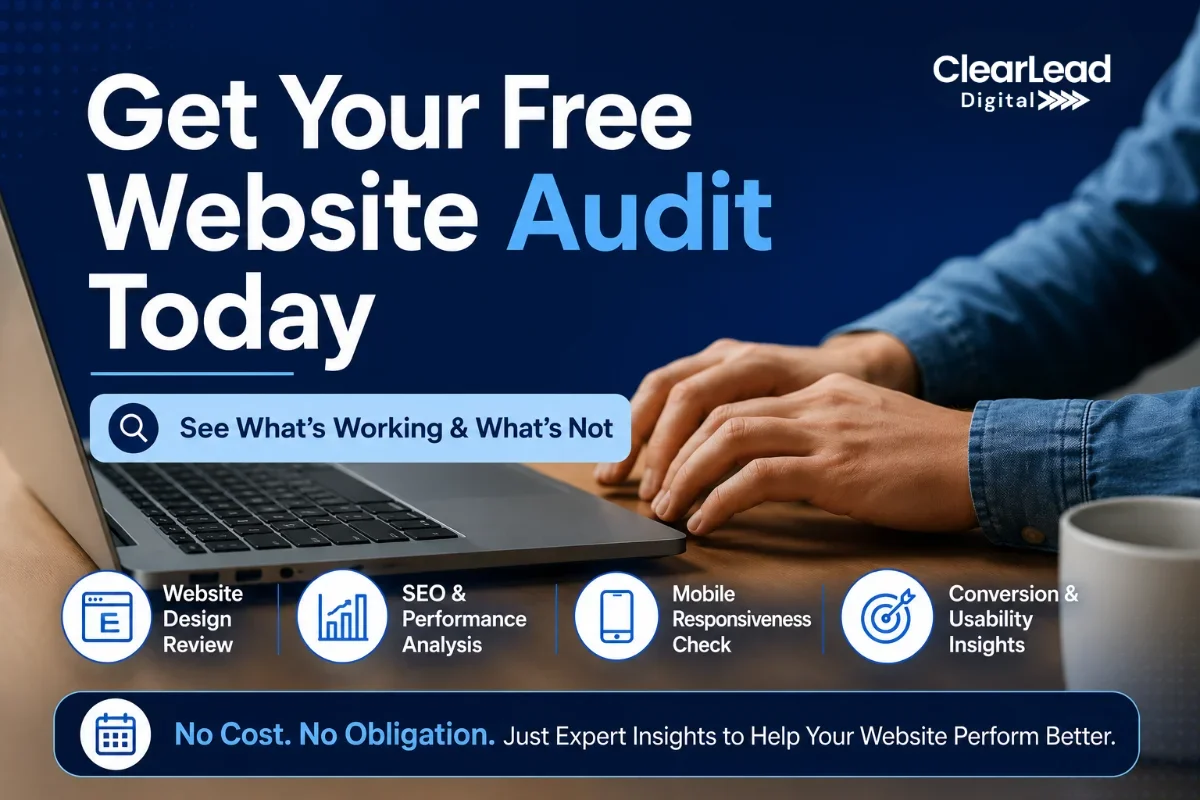 Promotional banner for ClearLead Digital's free website audit service featuring a person using a laptop.